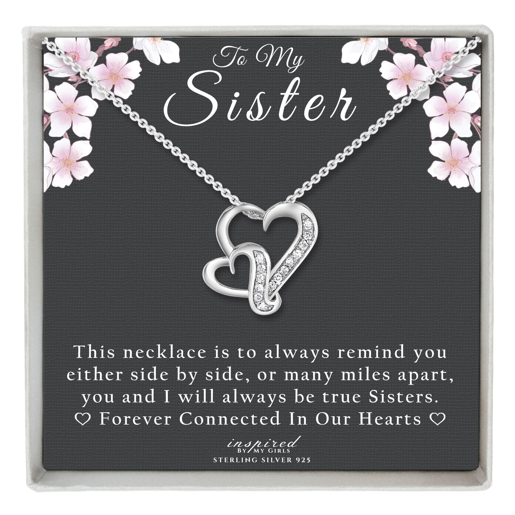 Sterling Silver Double Hearts Sister Necklace With Keepsake Card Gift