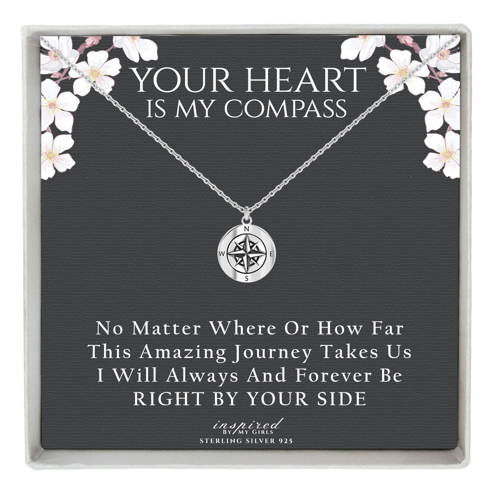 Sterling Silver Dainty Compass Necklace Adjustable Chain For Girlfriend Or Wife Keepsake Card Gift For Her