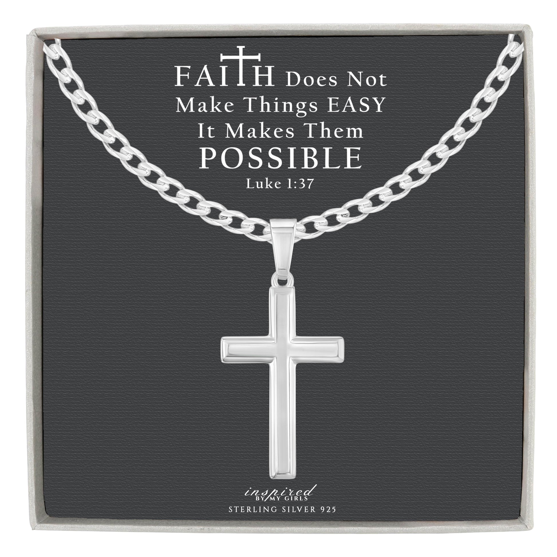 Mens Sterling Silver Cross Necklace and Curb Chain with Faith Card - Choice Of Sizes
