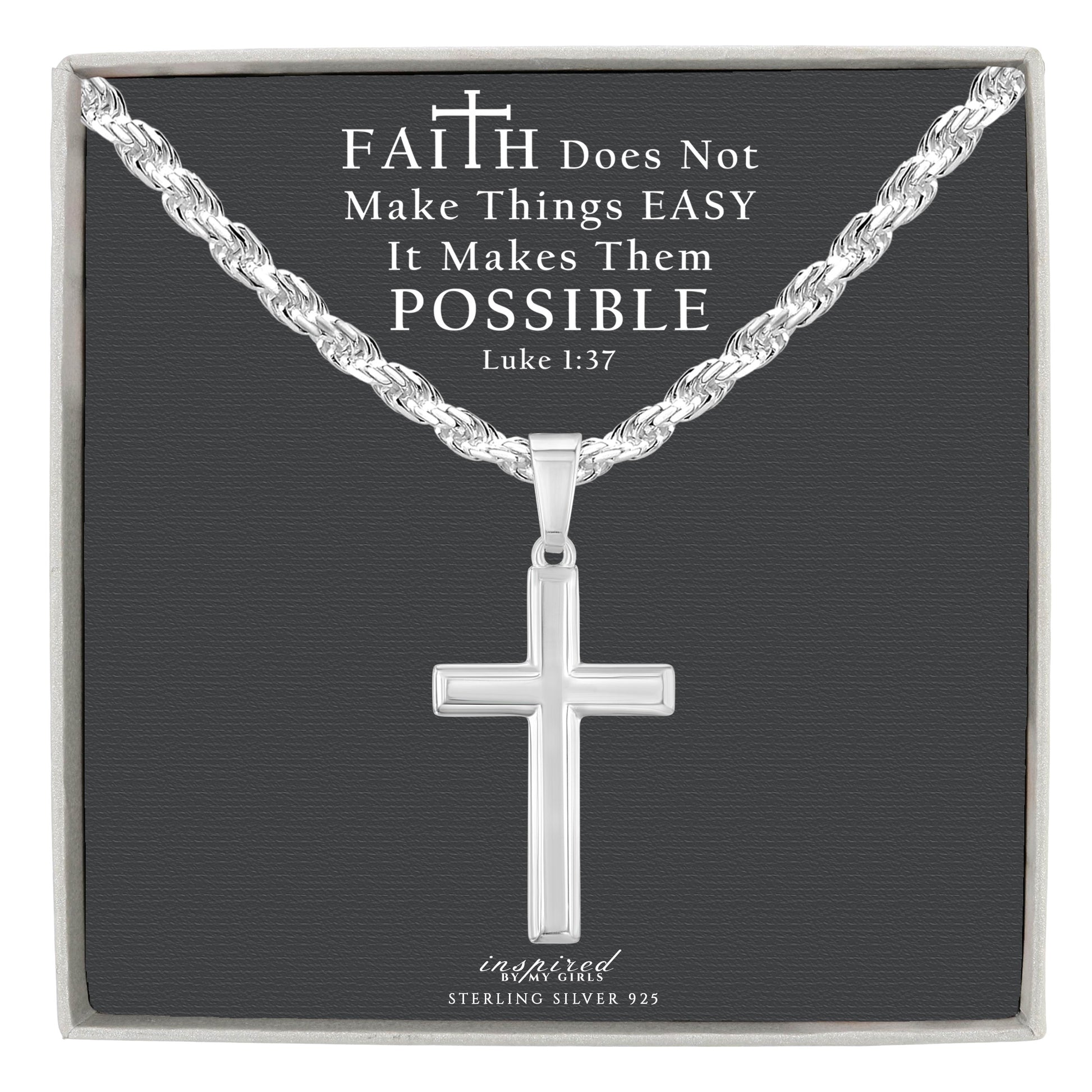 Mens Sterling Silver Cross Necklace and Rope Chain with Faith Card - Choice Of Sizes