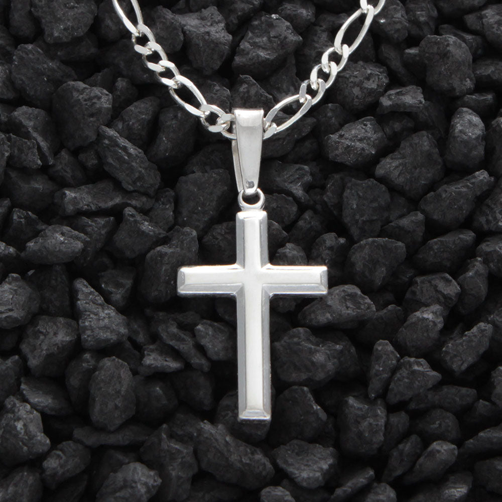 Womens Sterling Silver Cross Necklace with Figaro Chain and Faith Keepsake Card Gift