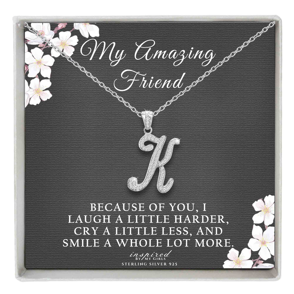 Sterling Silver Initial Necklace CZ Cursive Script Letter Adjustable Chain Keepsake Card Gift