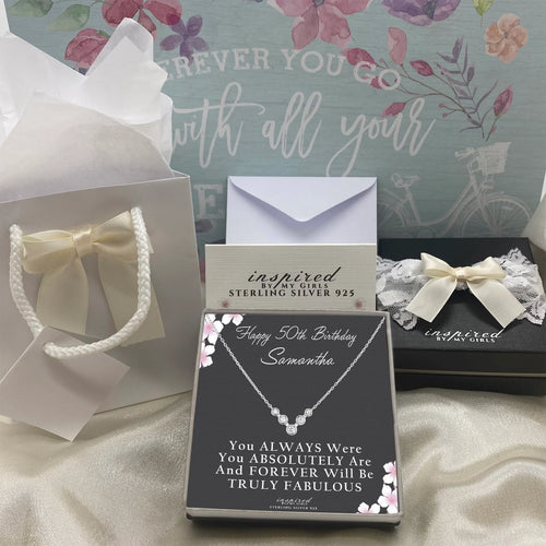 50th Birthday Gift for Women Sterling Silver 5 Stones for 5 Decades Necklace Fabulous Keepsake Card - Customized