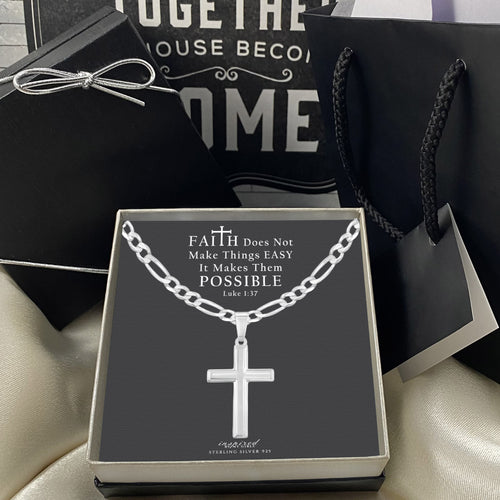 Mens Sterling Silver Cross Necklace and Figaro Chain with Faith Card - Choice Of Sizes