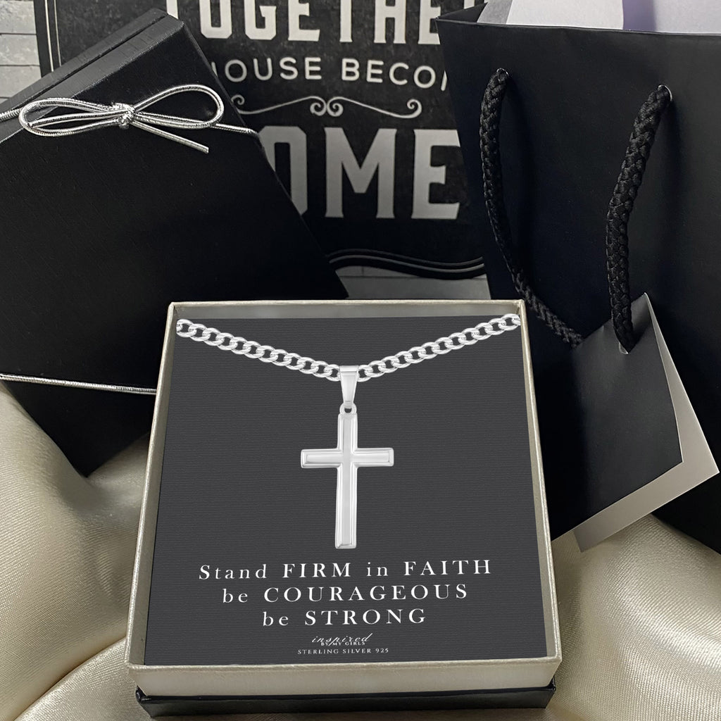 Mens Sterling Silver Cross Necklace and Curb Chain with Inspirational Faith Card - Choice Of Sizes