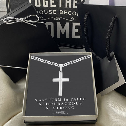 Mens Sterling Silver Cross Necklace and Curb Chain with Inspirational Faith Card - Choice Of Sizes