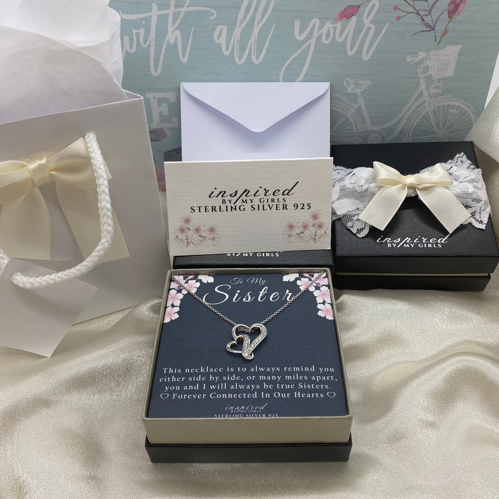 Sterling Silver Double Hearts Sister Necklace With Keepsake Card Gift