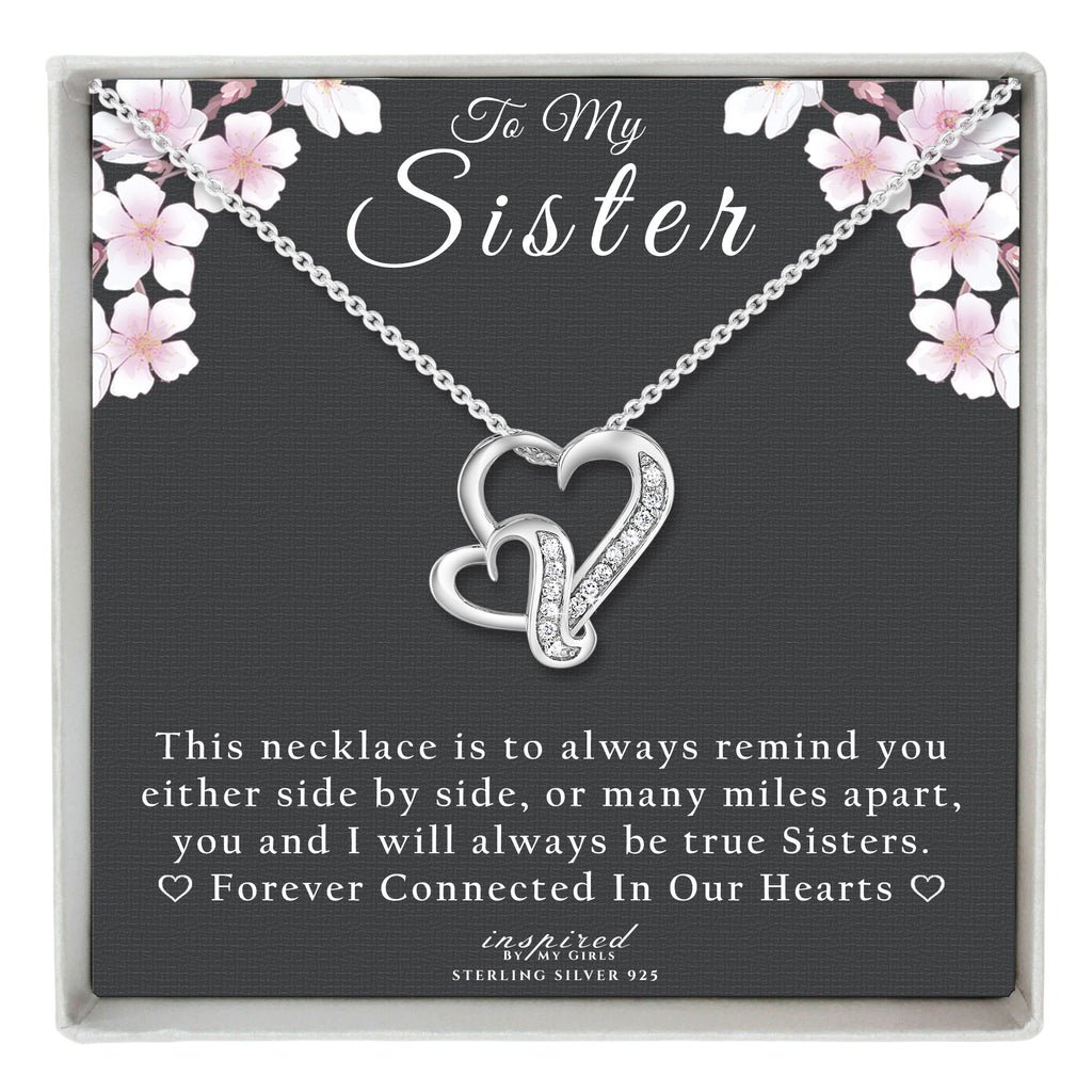 Sterling Silver Double Hearts Sister Necklace With Keepsake Card Gift