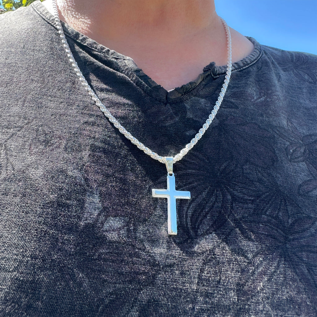 Mens Sterling Silver Cross Necklace and Rope Chain with Inspirational Faith Card - Choice Of Sizes