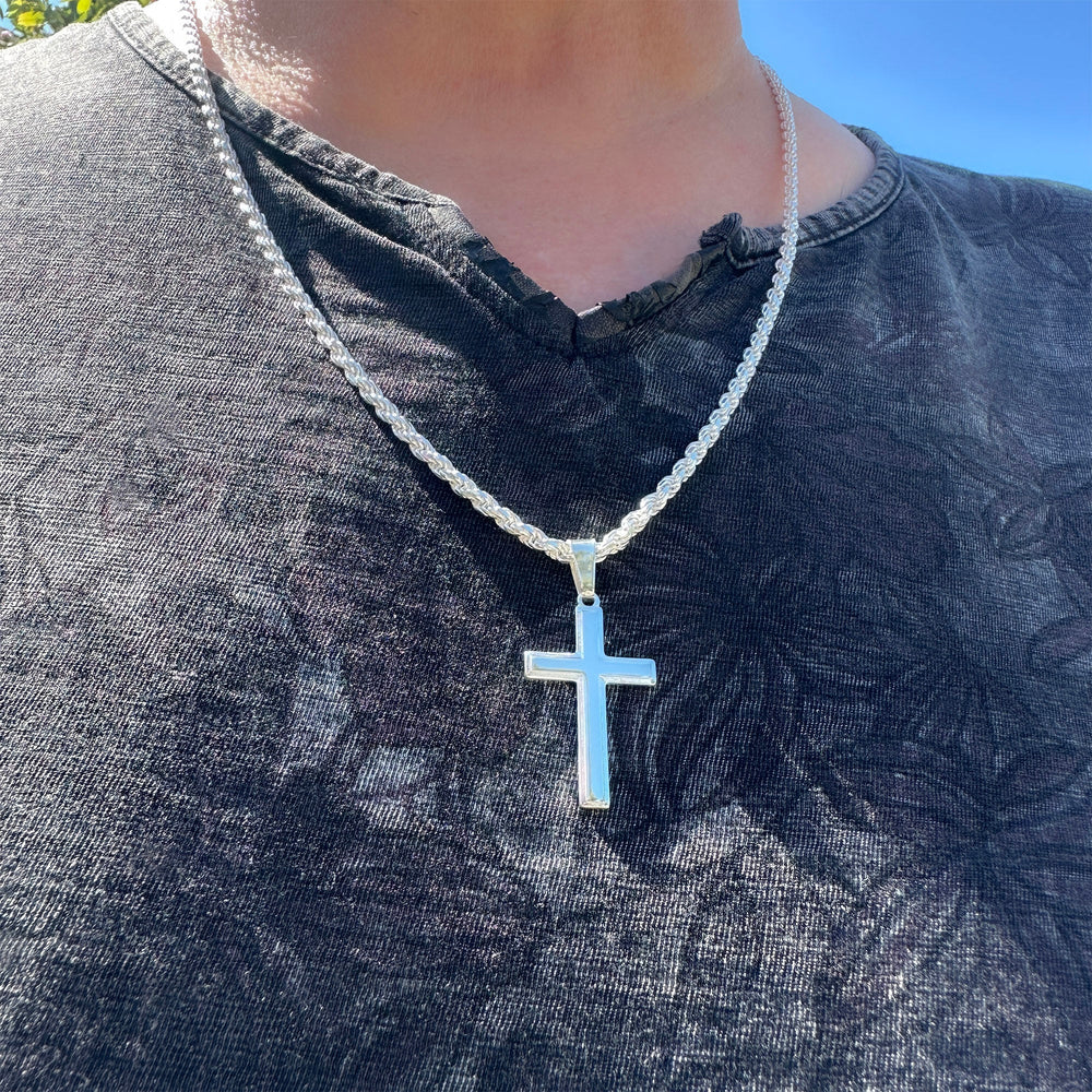 Mens Sterling Silver Cross Necklace and Rope Chain with Faith Card - Choice Of Sizes