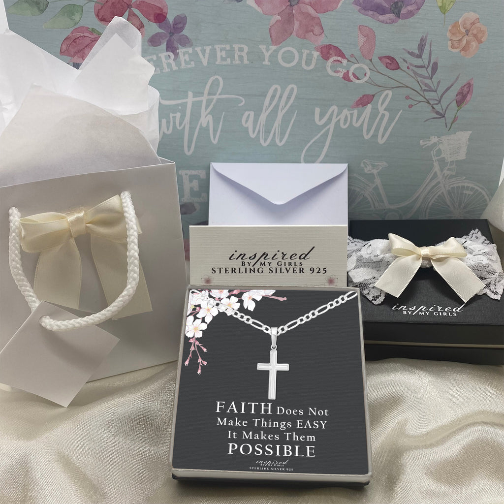 Womens Sterling Silver Cross Necklace with Figaro Chain and Faith Keepsake Card Gift