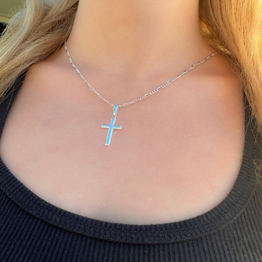 Womens Sterling Silver Cross Necklace with Figaro Chain and Faith Keepsake Card Gift
