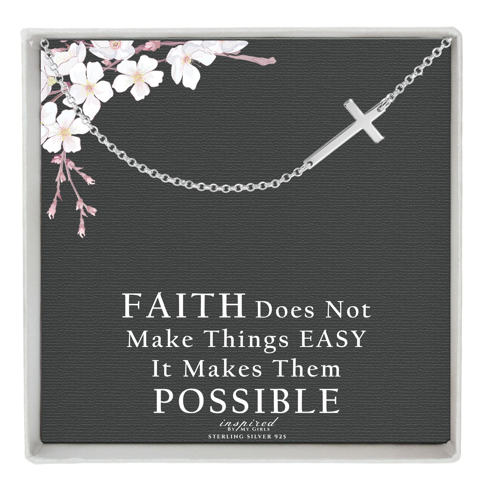 Sterling Silver Sideways Cross Necklace with Adjustable Rolo Chain and Faith Keepsake Card Gift