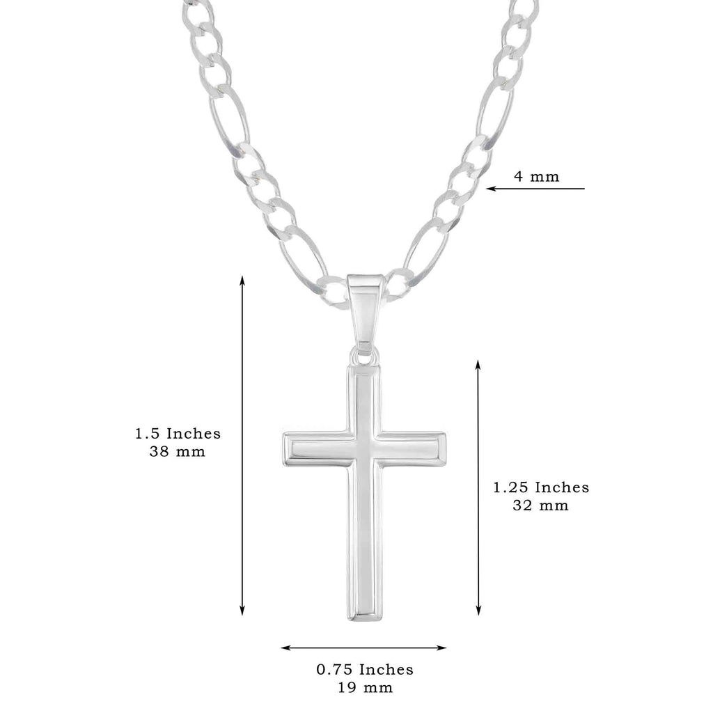 Mens Sterling Silver Cross Necklace and Figaro Chain with Faith Card - Choice Of Sizes