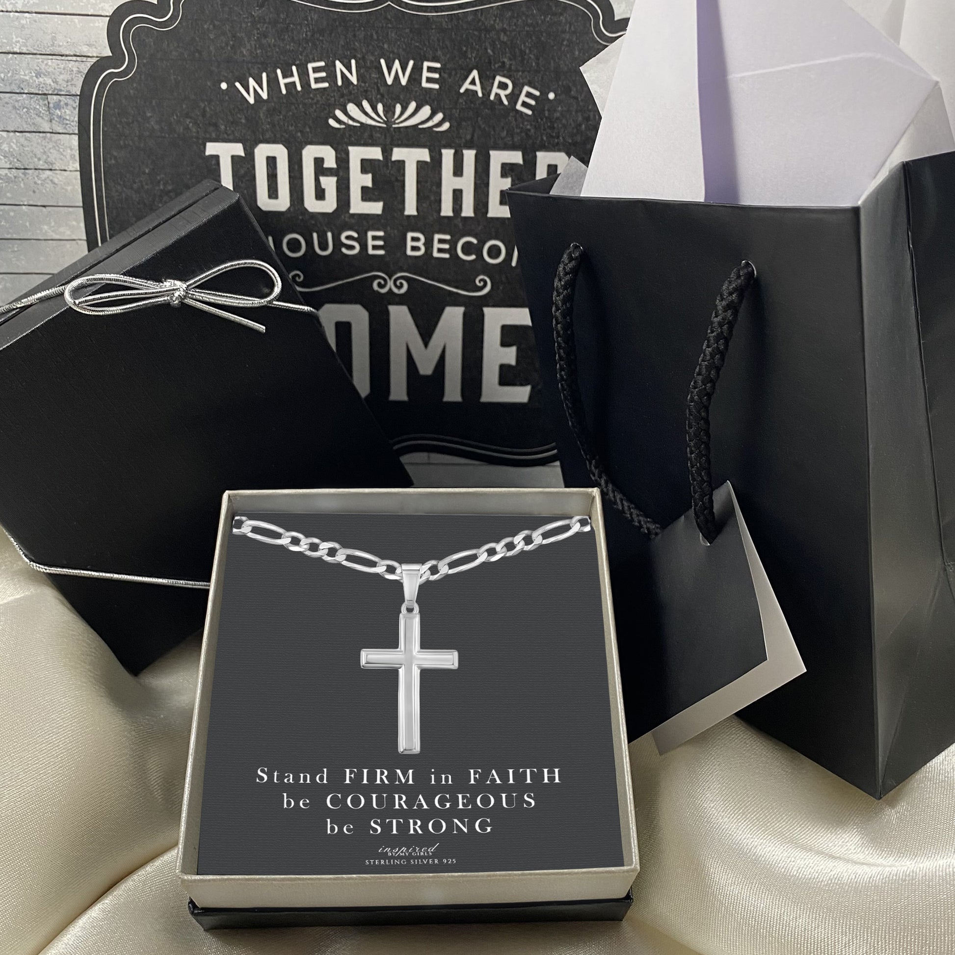Mens Sterling Silver Cross Necklace and Figaro Chain with Inspirational Faith Card - Choice Of Sizes