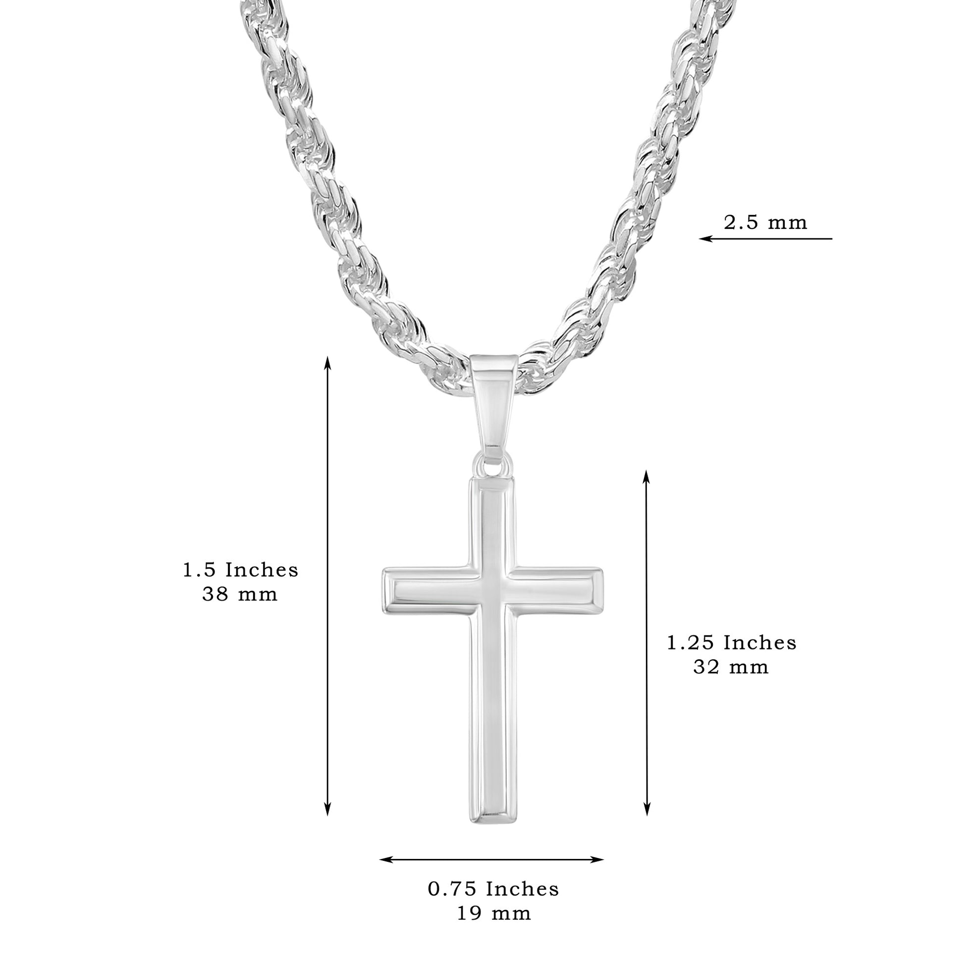 Mens Sterling Silver Cross Necklace and Rope Chain with Inspirational Faith Card - Choice Of Sizes