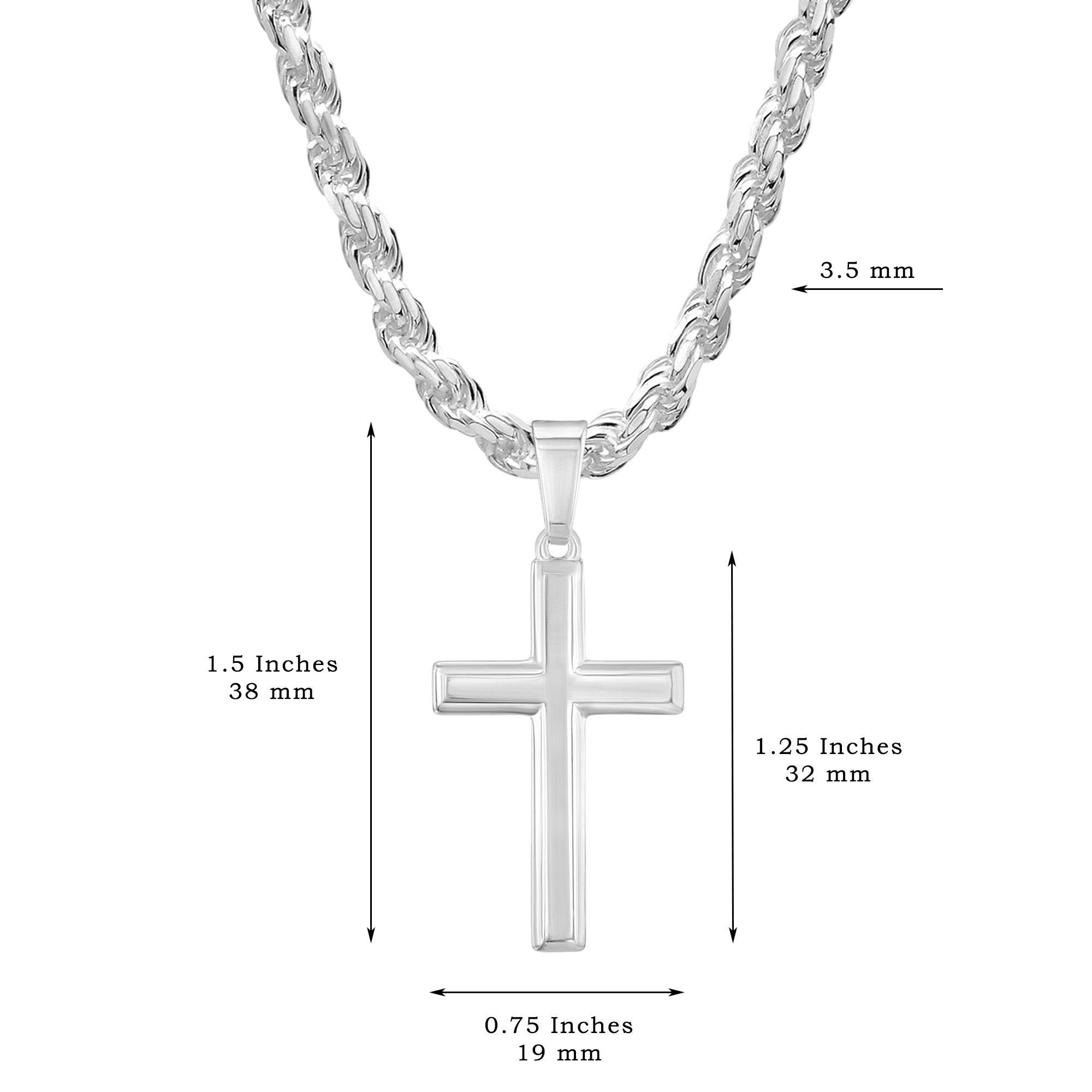 Mens Sterling Silver Cross Necklace and Rope Chain with Faith Card - Choice Of Sizes