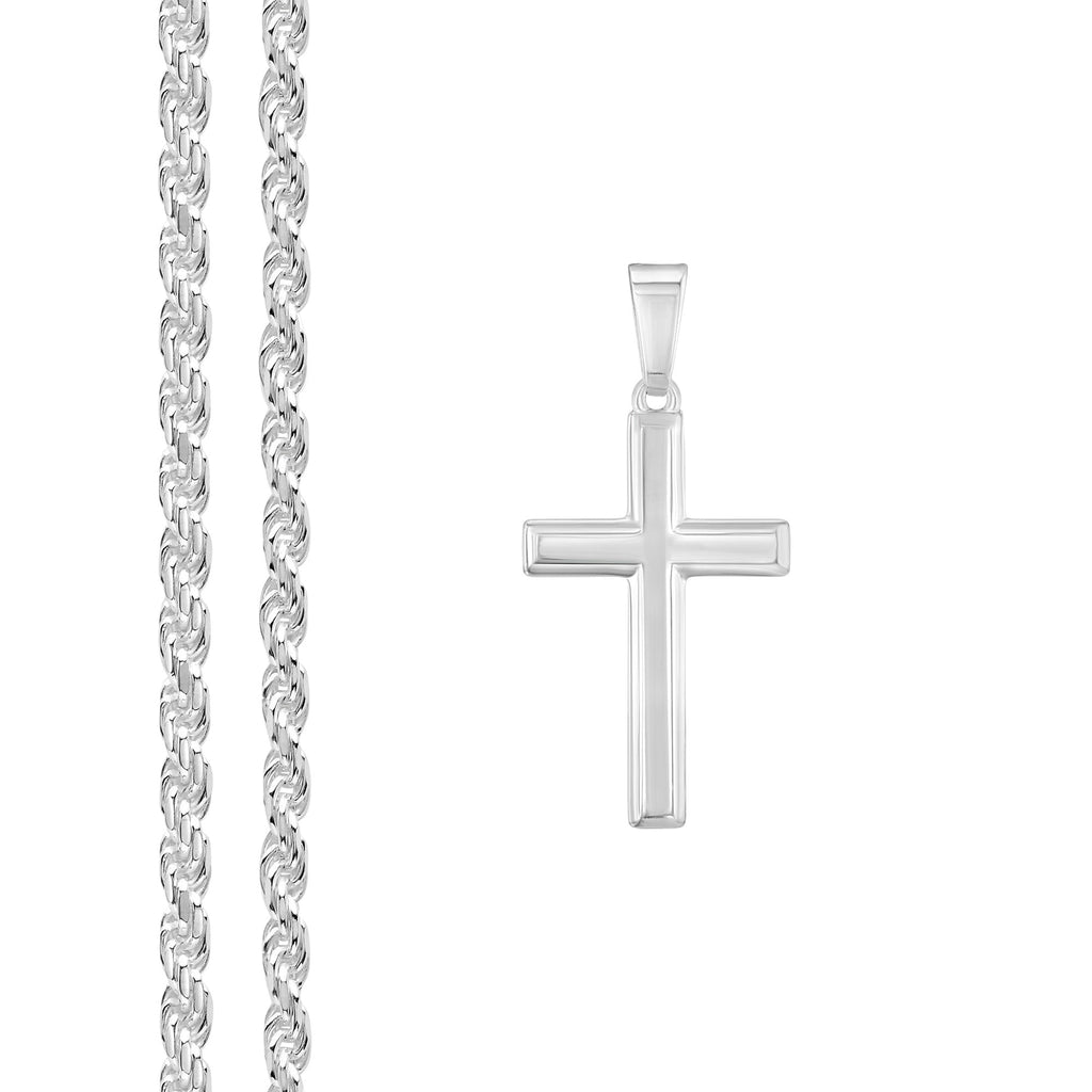 Mens Sterling Silver Cross Necklace and Rope Chain with Faith Card - Choice Of Sizes