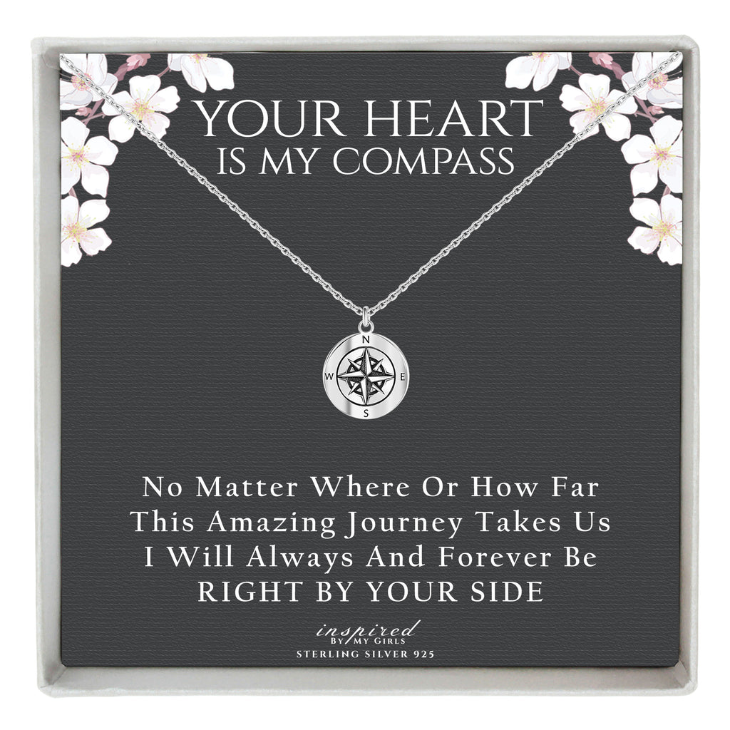 Sterling Silver Dainty Compass Necklace Adjustable Chain For Girlfriend Or Wife Keepsake Card Gift For Her