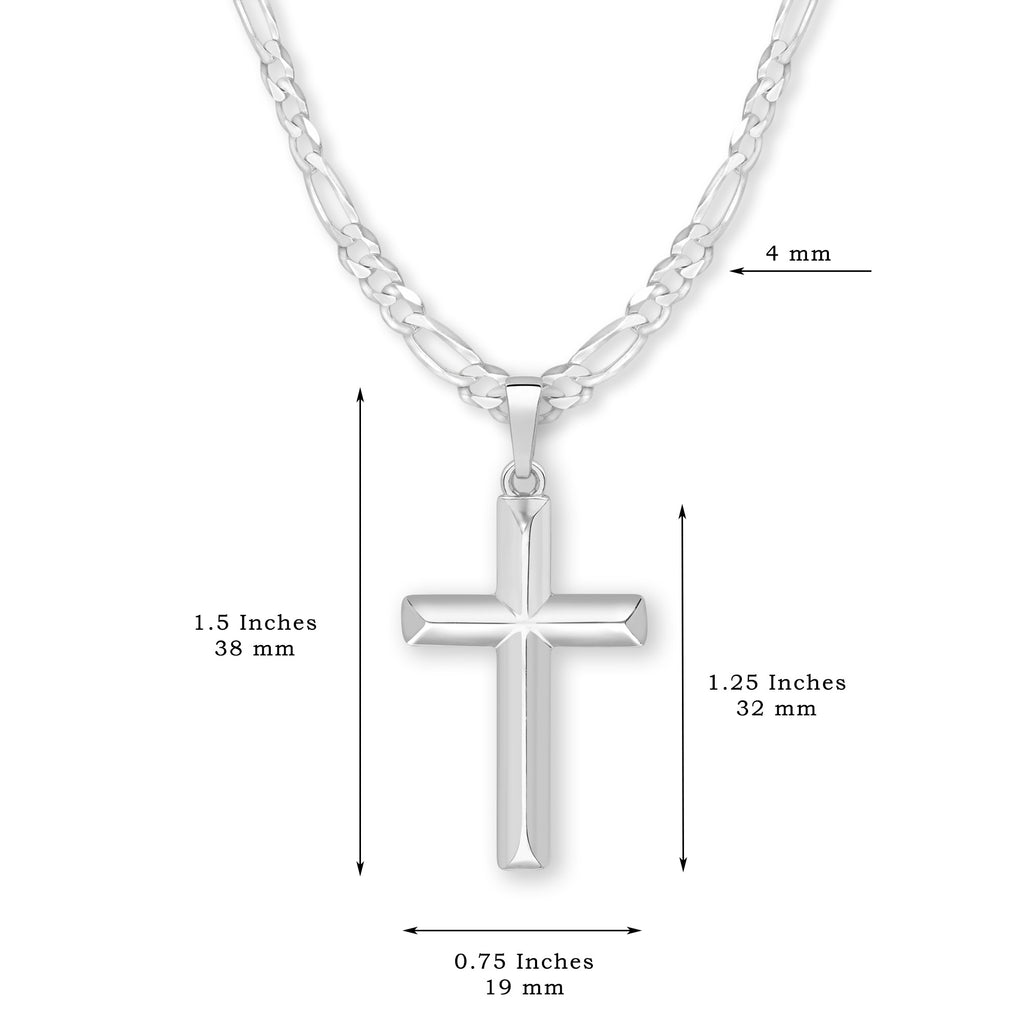 Mens Sterling Silver Domed Cross Necklace and Figaro Chain with Inspirational Faith Card