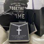Mens Sterling Silver Domed Cross Necklace and Figaro Chain with Inspirational Faith Card
