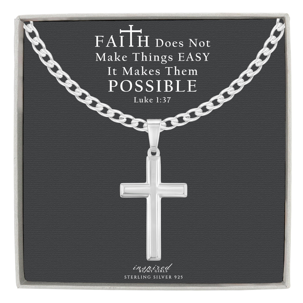 Mens Sterling Silver Cross Necklace and Curb Chain with Faith Card - Choice Of Sizes
