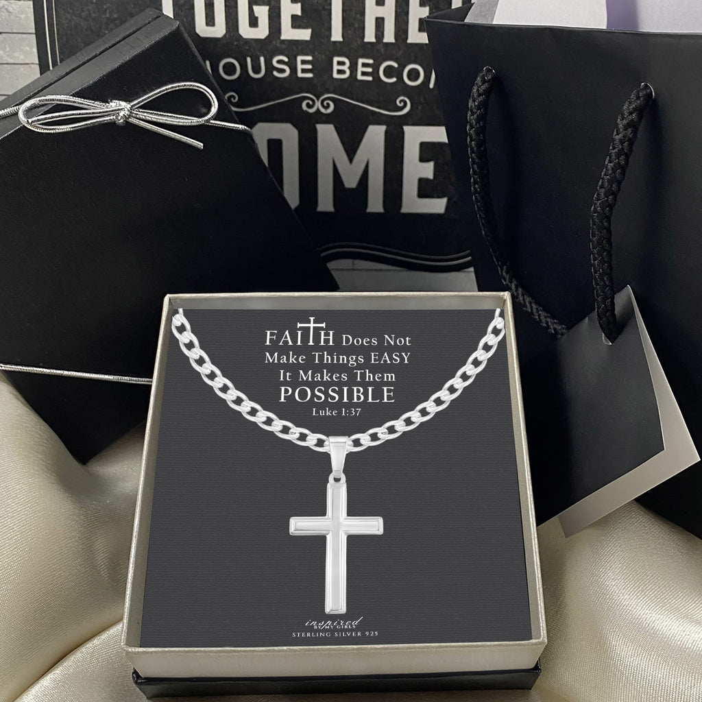 Mens Sterling Silver Cross Necklace and Curb Chain with Faith Card - Choice Of Sizes