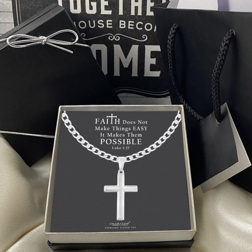 Mens Sterling Silver Cross Necklace and Curb Chain with Faith Card - Choice Of Sizes