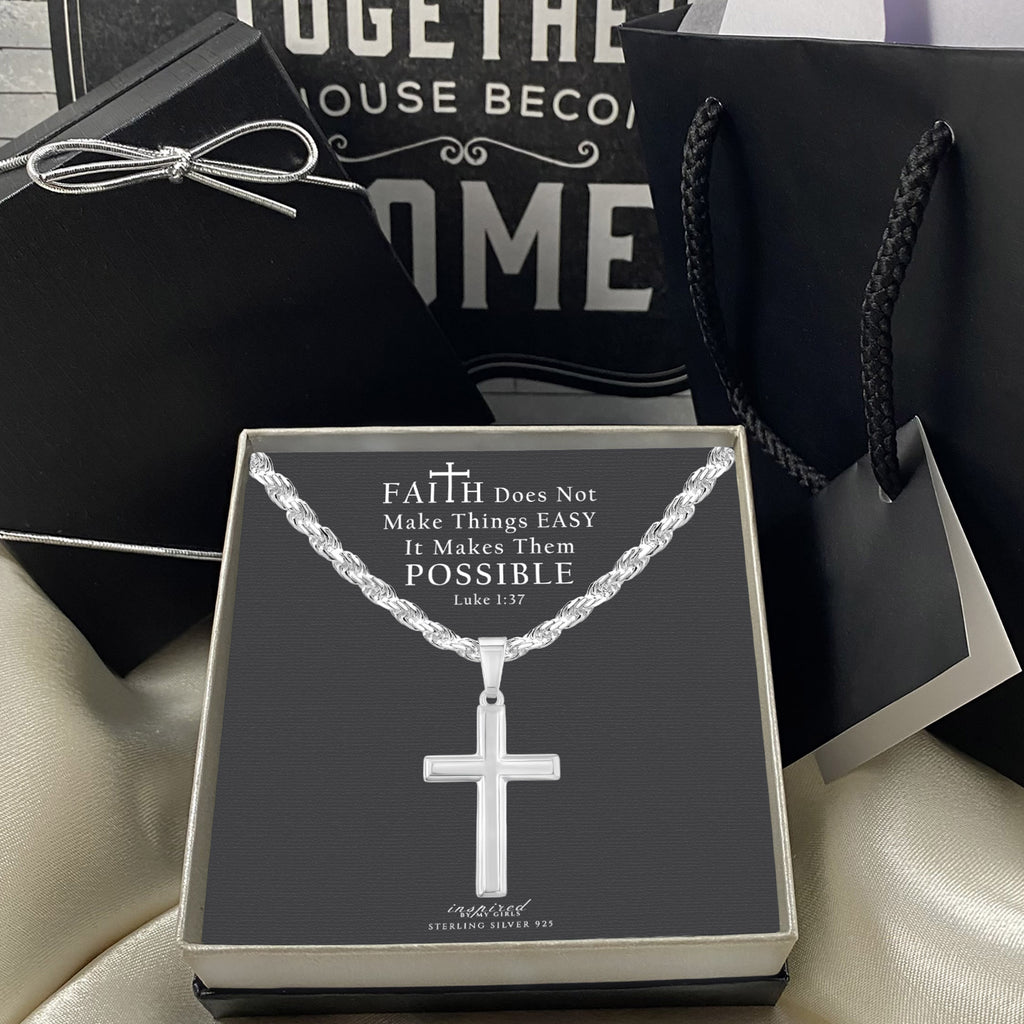 Mens Sterling Silver Cross Necklace and Rope Chain with Faith Card - Choice Of Sizes
