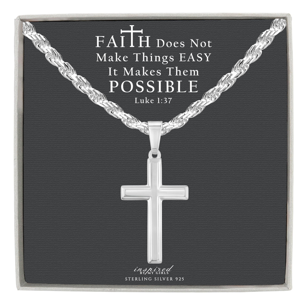 Mens Sterling Silver Cross Necklace and Rope Chain with Faith Card - Choice Of Sizes