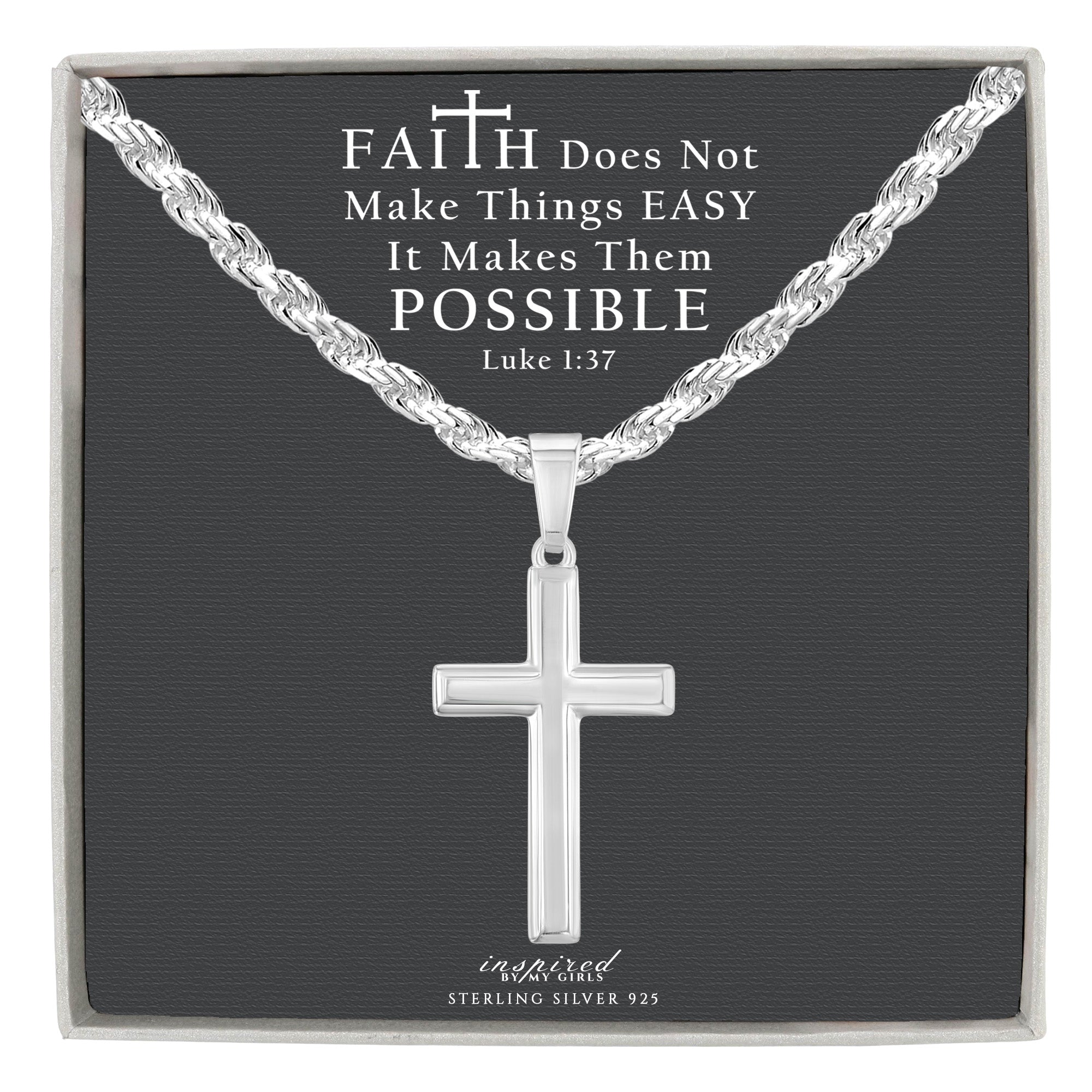 Mens Sterling Silver Cross Necklace and Rope Chain with Faith Card - Choice Of Sizes