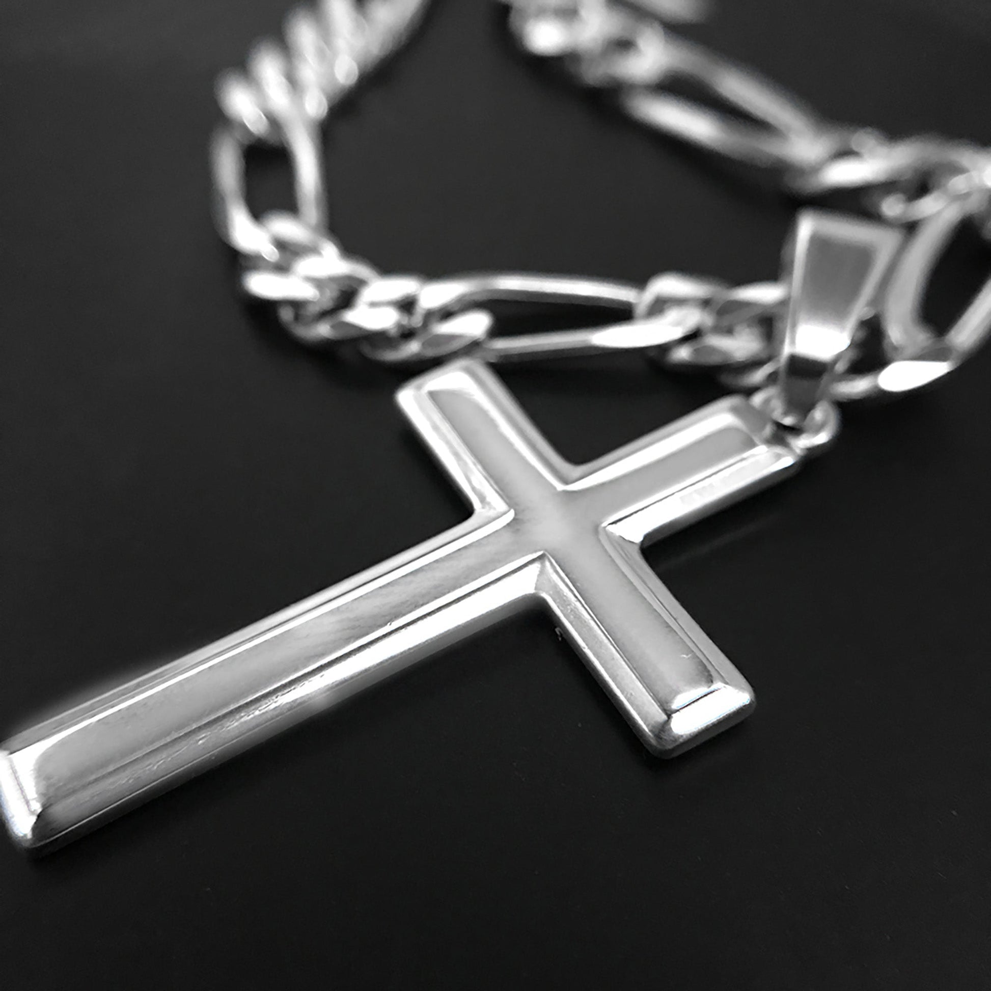 Mens Sterling Silver Cross Necklace and Figaro Chain with Faith Card - Choice Of Sizes
