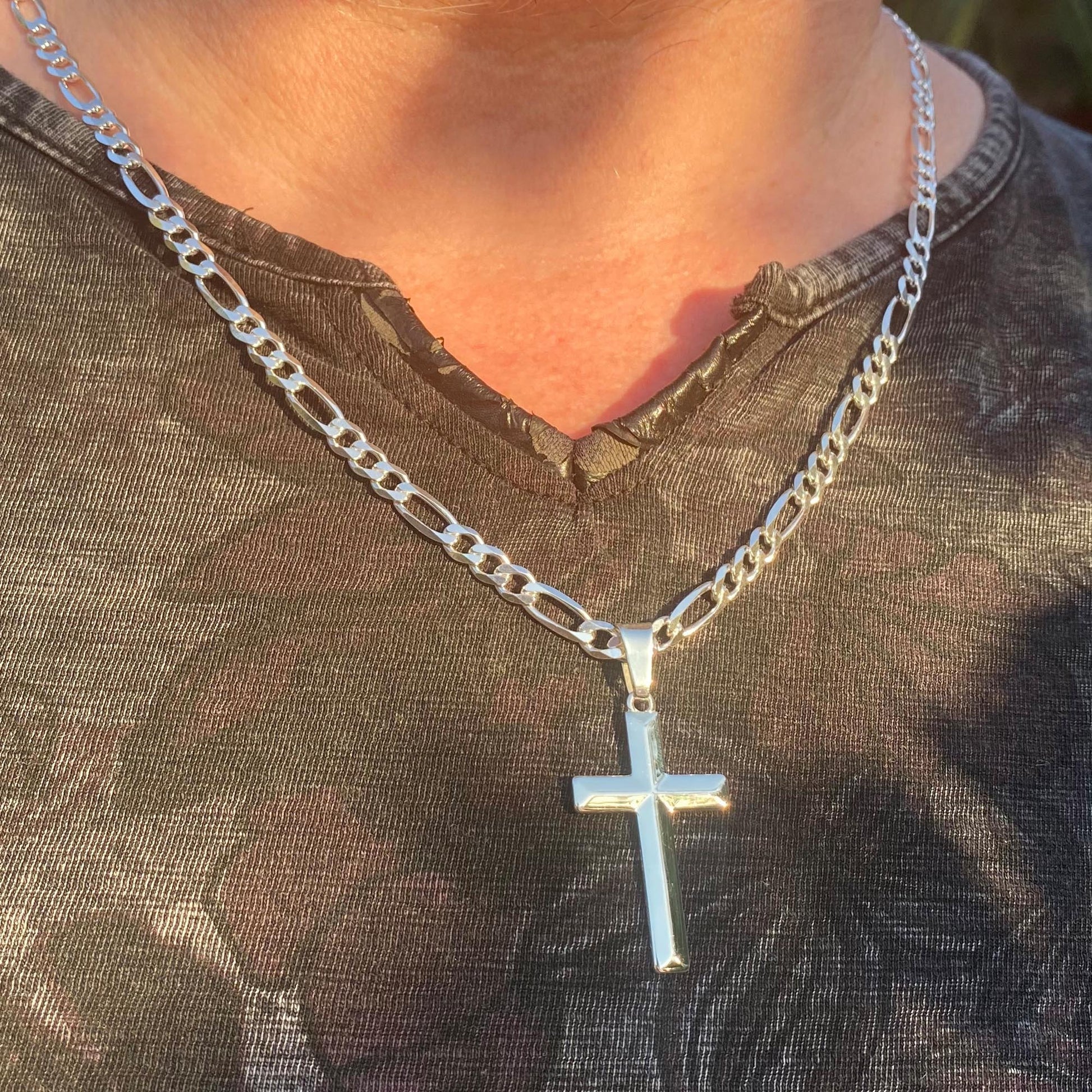 Mens Sterling Silver Domed Cross Necklace and Figaro Chain with Inspirational Faith Card