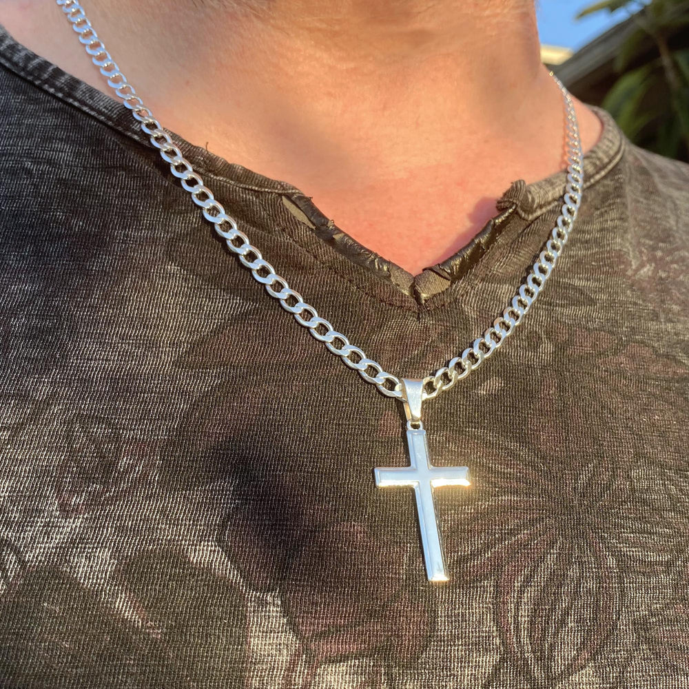 Mens Sterling Silver Cross Necklace and Curb Chain with Inspirational Faith Card - Choice Of Sizes
