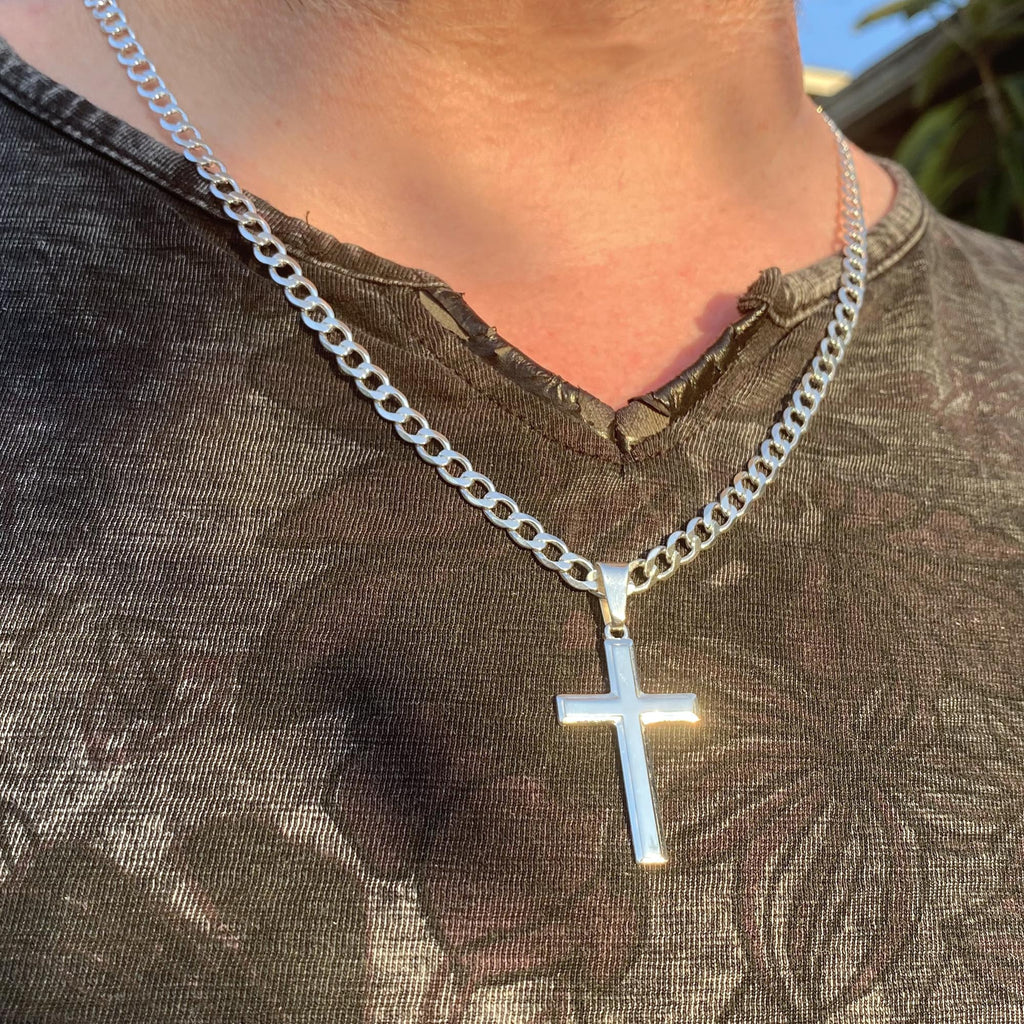 Mens Sterling Silver Cross Necklace and Curb Chain with Faith Card - Choice Of Sizes