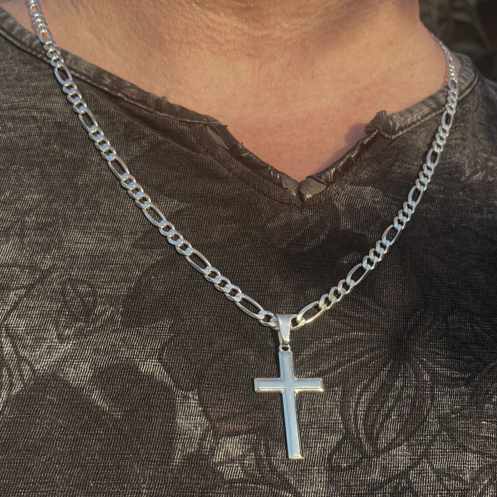 Mens Sterling Silver Cross Necklace and Figaro Chain with Faith Card - Choice Of Sizes