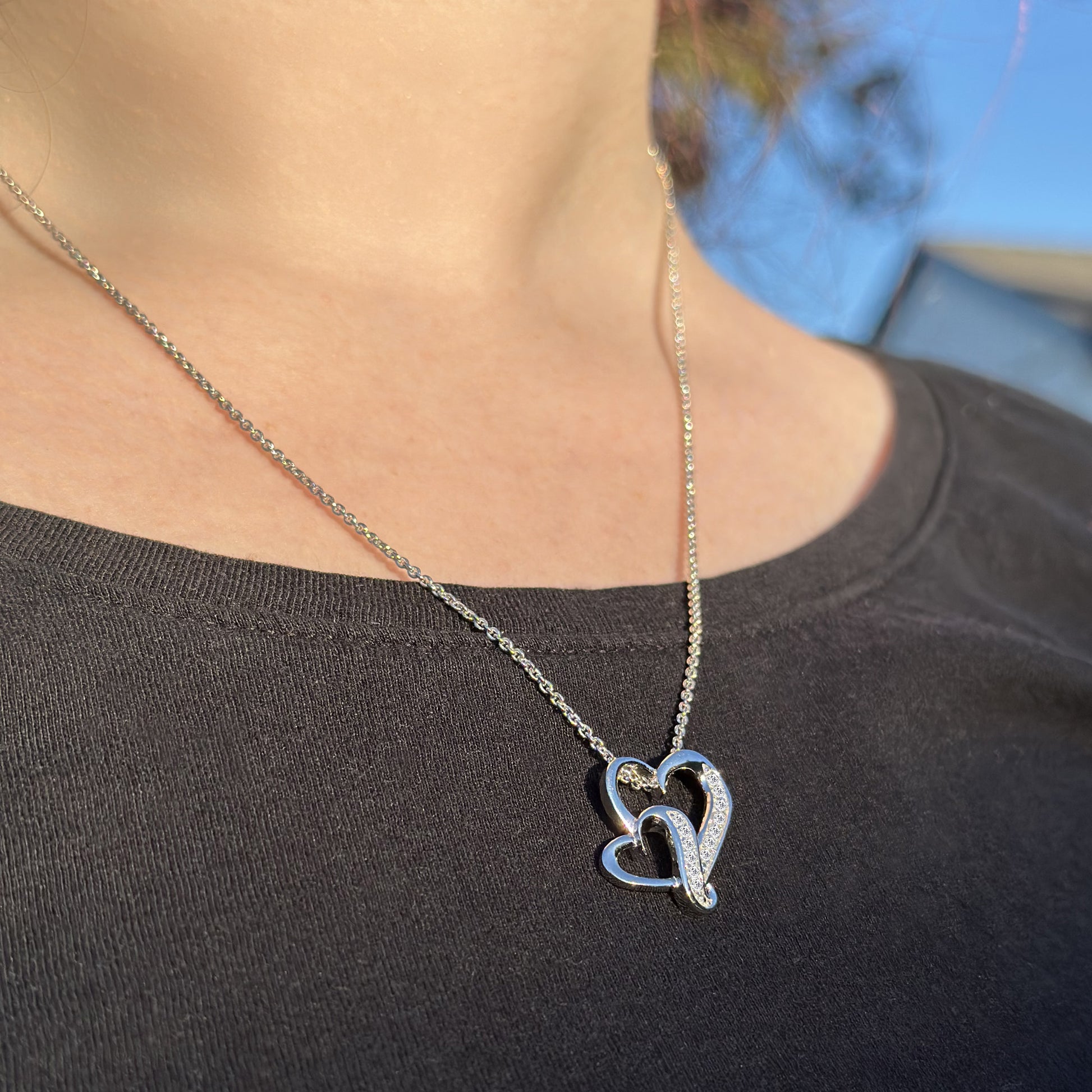 Sterling Silver Double Hearts Sister Necklace With Keepsake Card Gift