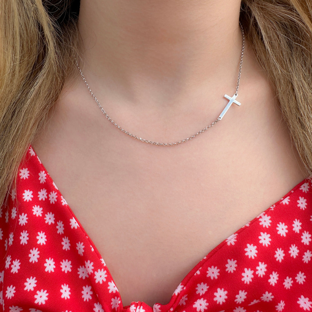 Sterling Silver Sideways Cross Necklace with Adjustable Rolo Chain and Faith Keepsake Card Gift