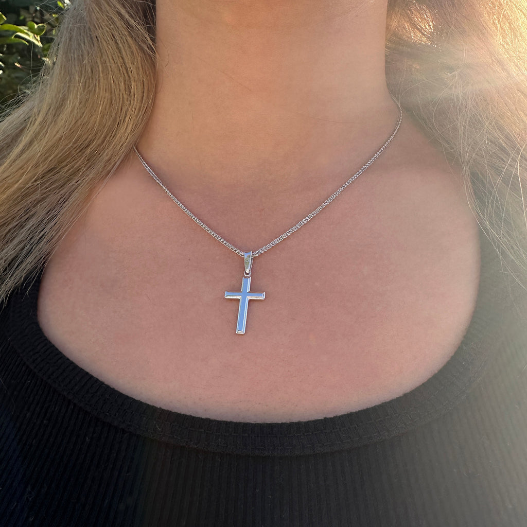 Womens Sterling Silver Cross Necklace with Adjustable Wheat Chain and Faith Keepsake Card Gift