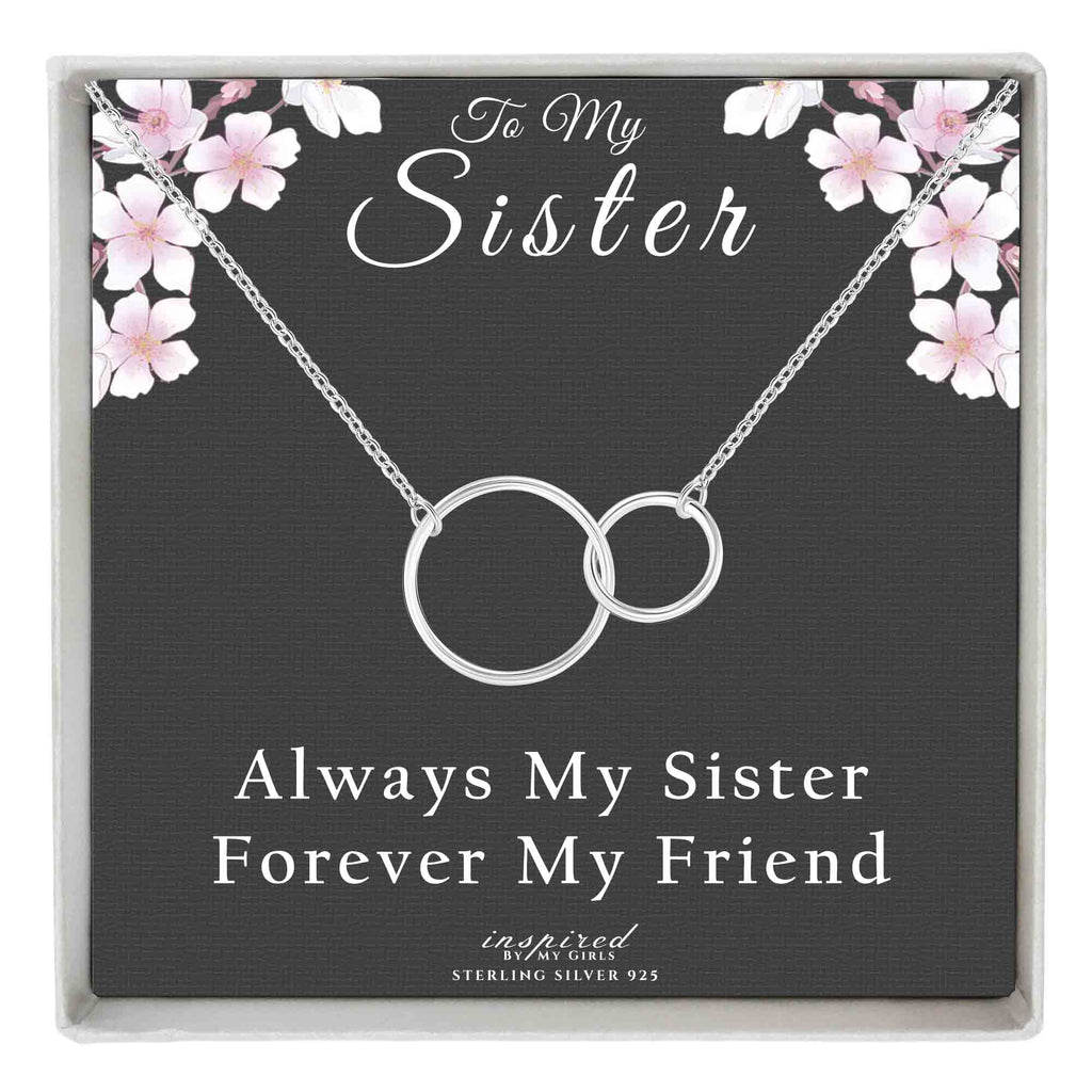 Sterling Silver Double Circles Sister Necklace With Keepsake Card Gift