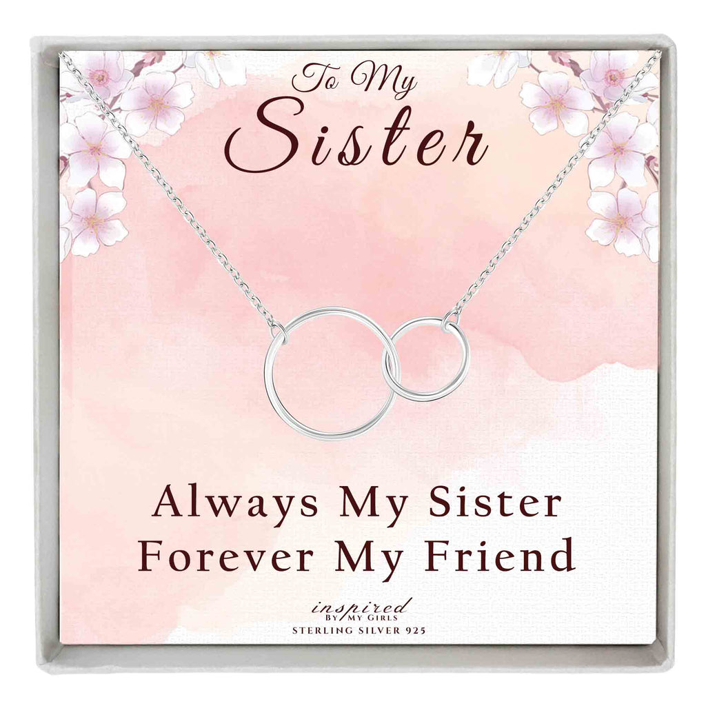 Sterling Silver Double Circles Sister Necklace With Keepsake Card Gift