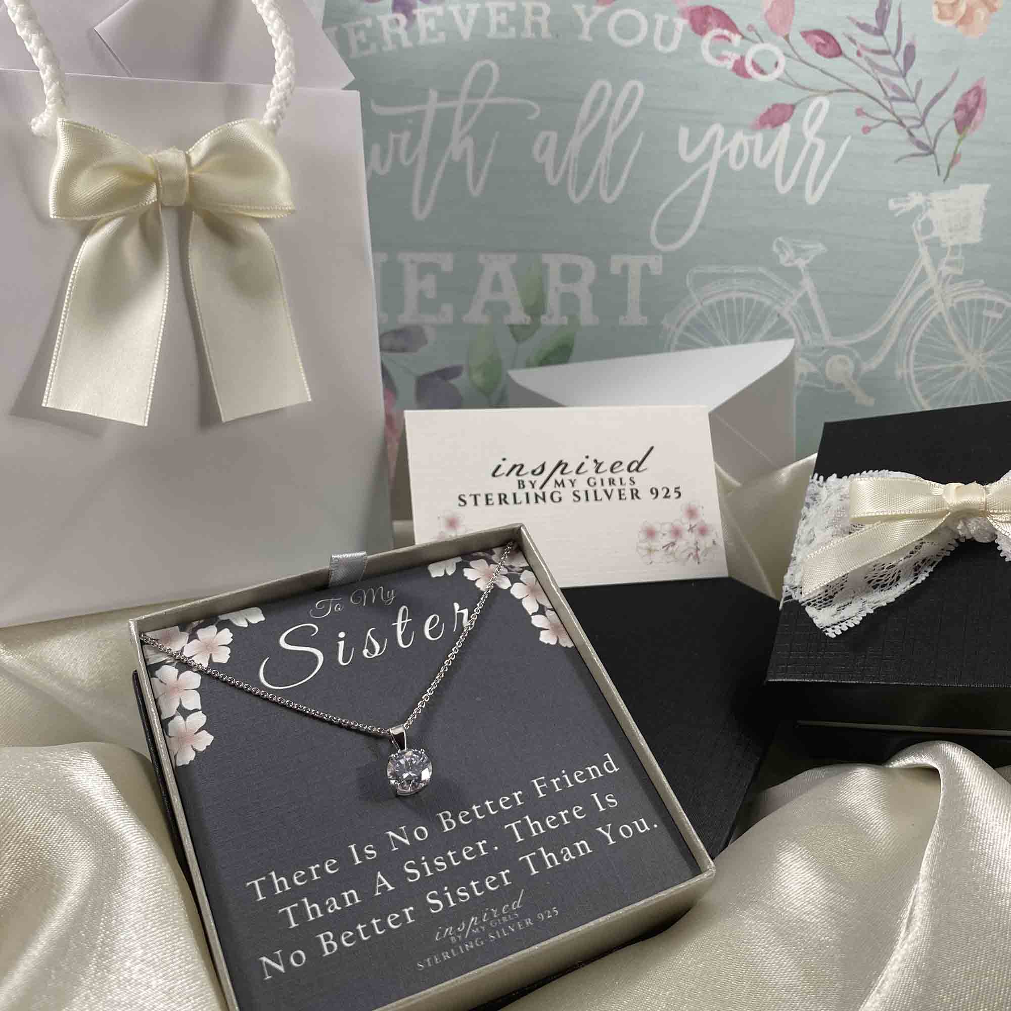 Sterling Silver Solitaire Sister Necklace With Keepsake Card Gift