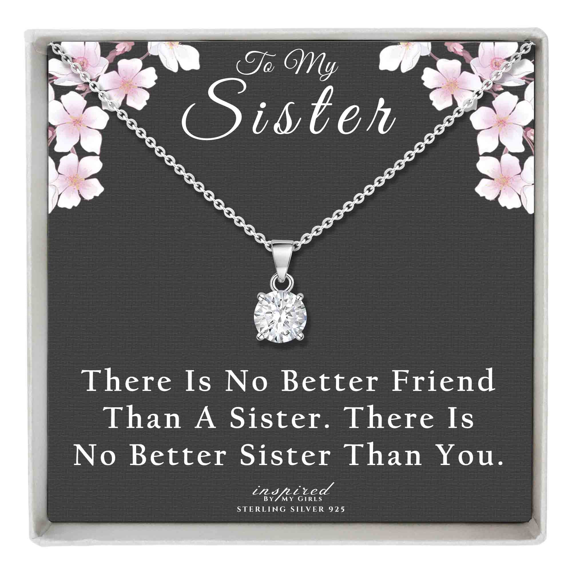 Sterling Silver Solitaire Sister Necklace With Keepsake Card Gift