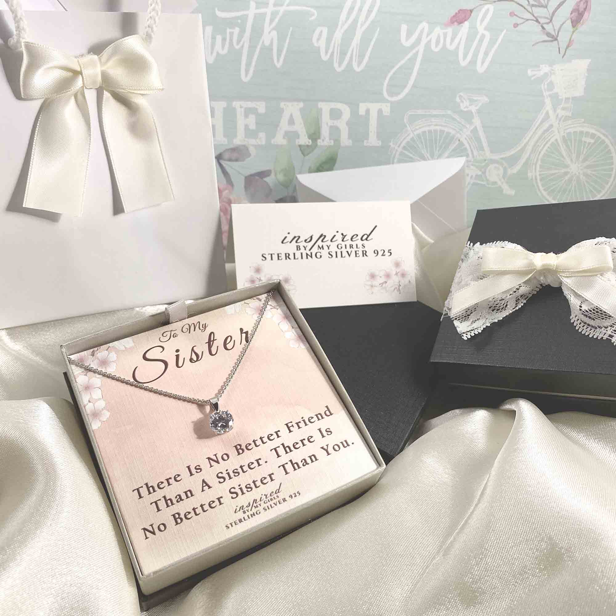 Sterling Silver Solitaire Sister Necklace With Keepsake Card Gift