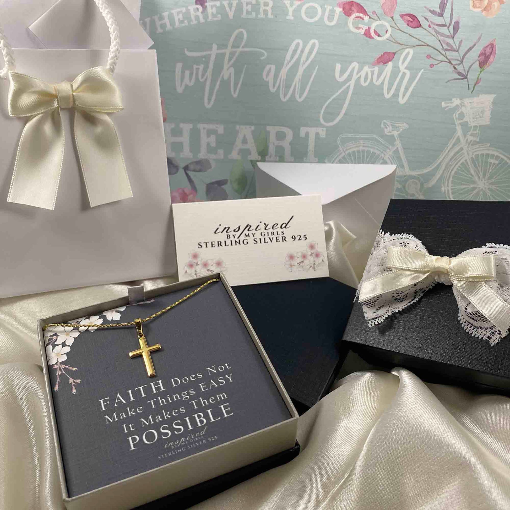 Womens 18K Gold Plated Sterling Silver Cross Necklace with Adjustable Franco Chain and Faith Keepsake Card Gift