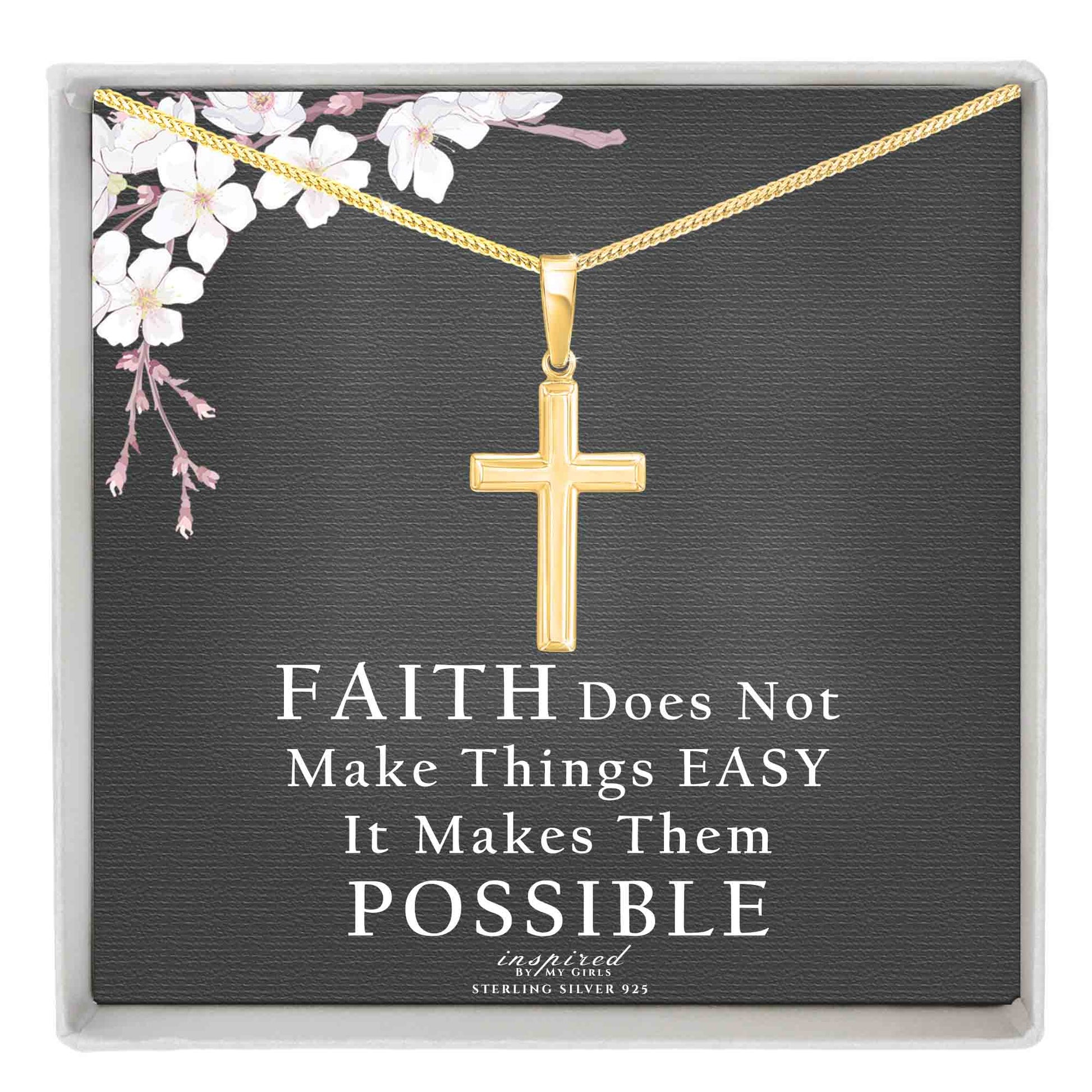 Womens 18K Gold Plated Sterling Silver Cross Necklace with Adjustable Franco Chain and Faith Keepsake Card Gift