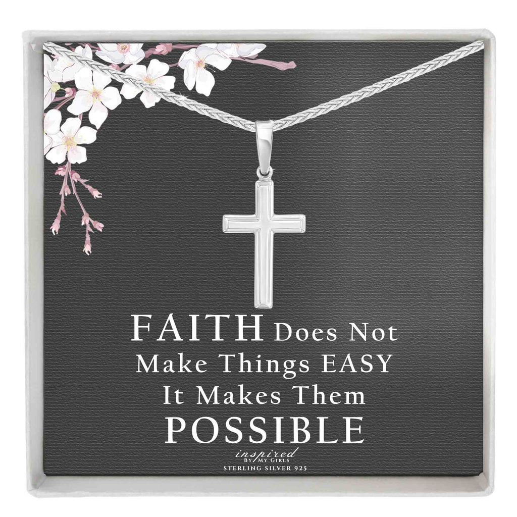Womens Sterling Silver Cross Necklace with Adjustable Wheat Chain and Faith Keepsake Card Gift