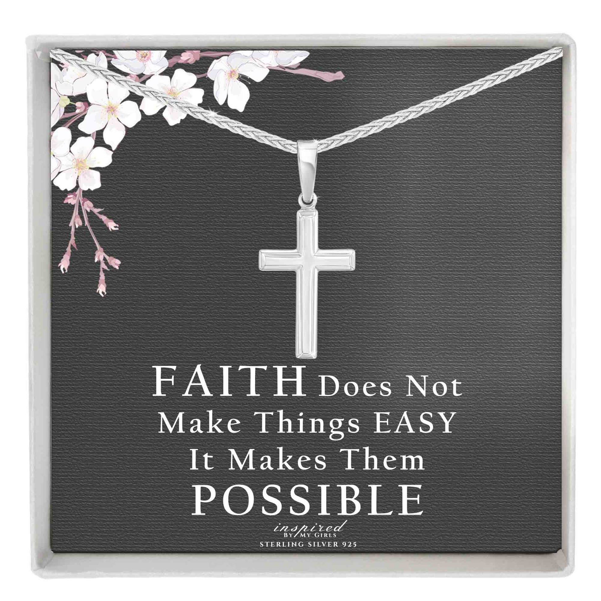 Womens Sterling Silver Cross Necklace with Adjustable Wheat Chain and Faith Keepsake Card Gift