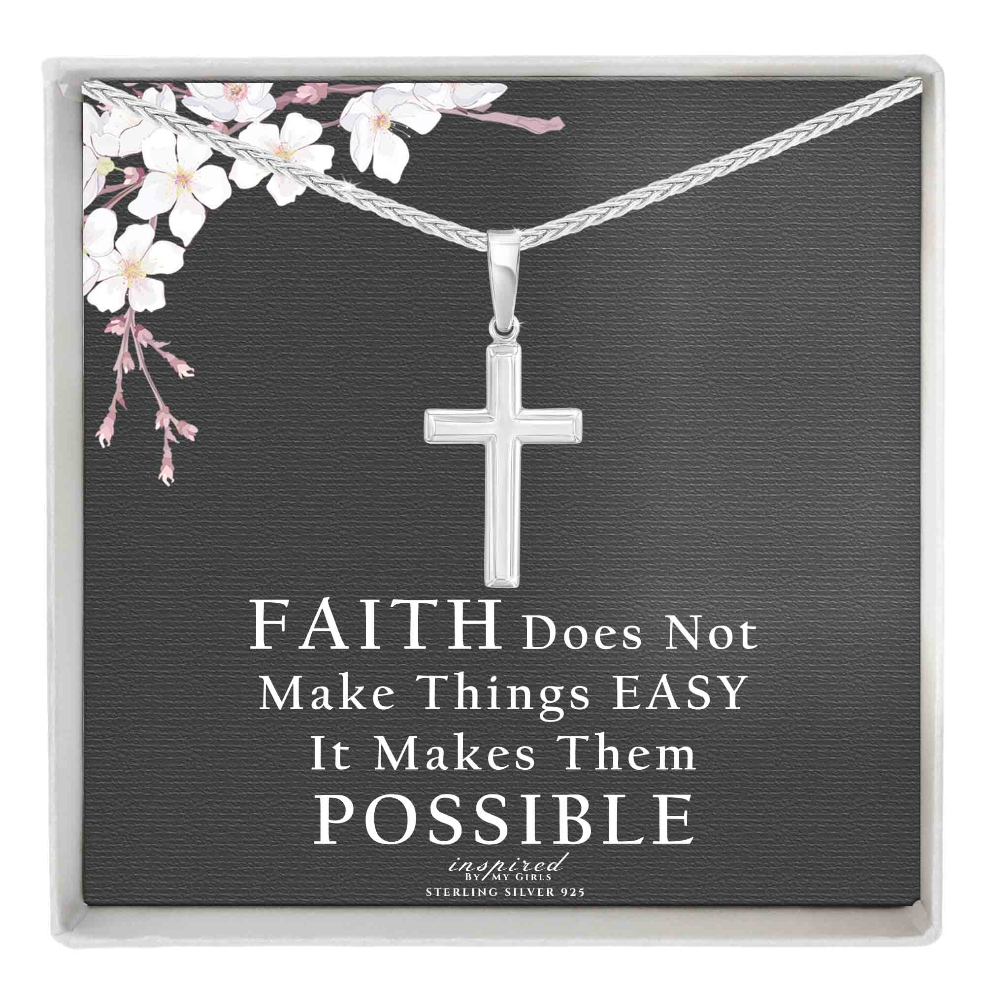 Womens Sterling Silver Cross Necklace with Adjustable Wheat Chain and Faith Keepsake Card Gift
