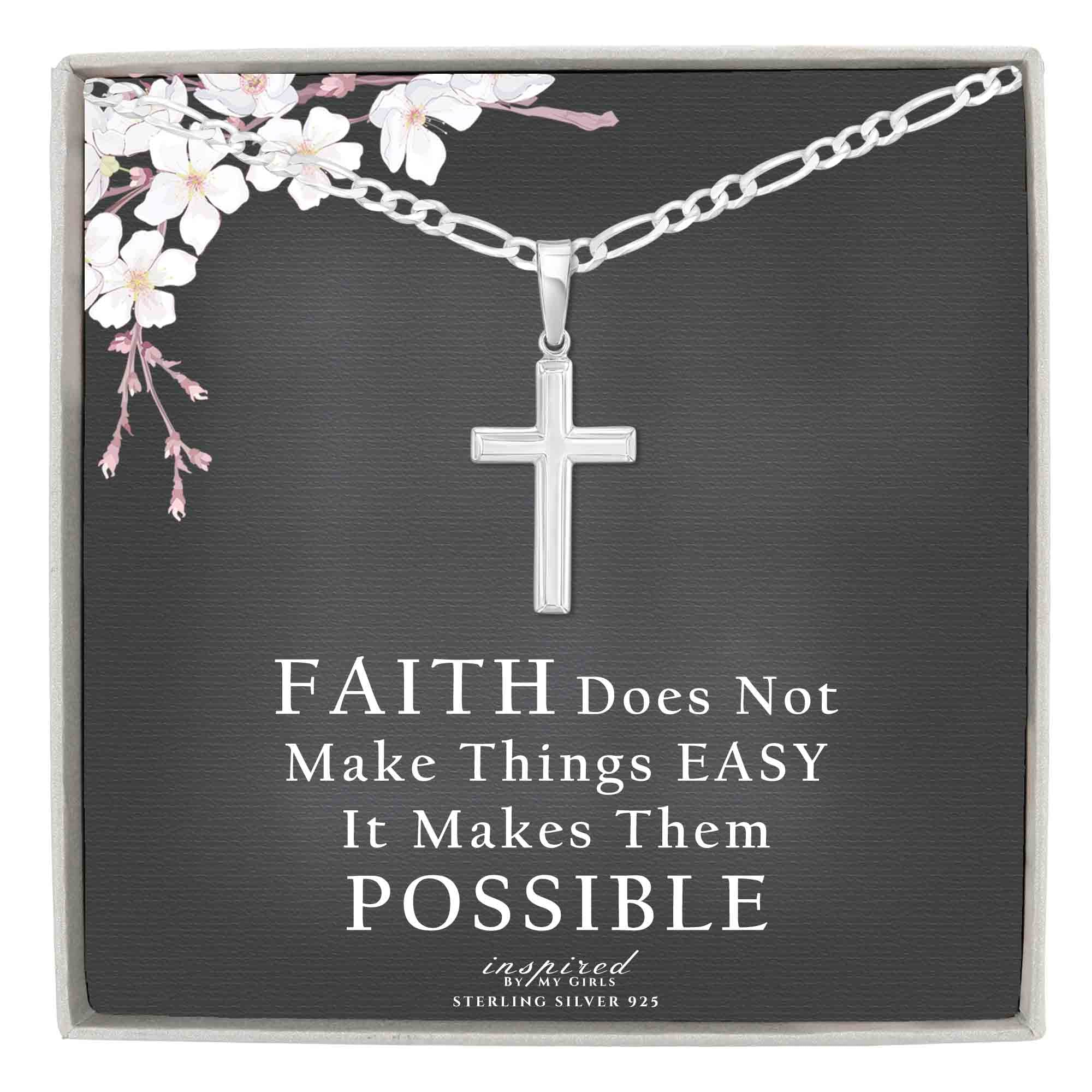 Womens Sterling Silver Cross Necklace with Figaro Chain and Faith Keepsake Card Gift